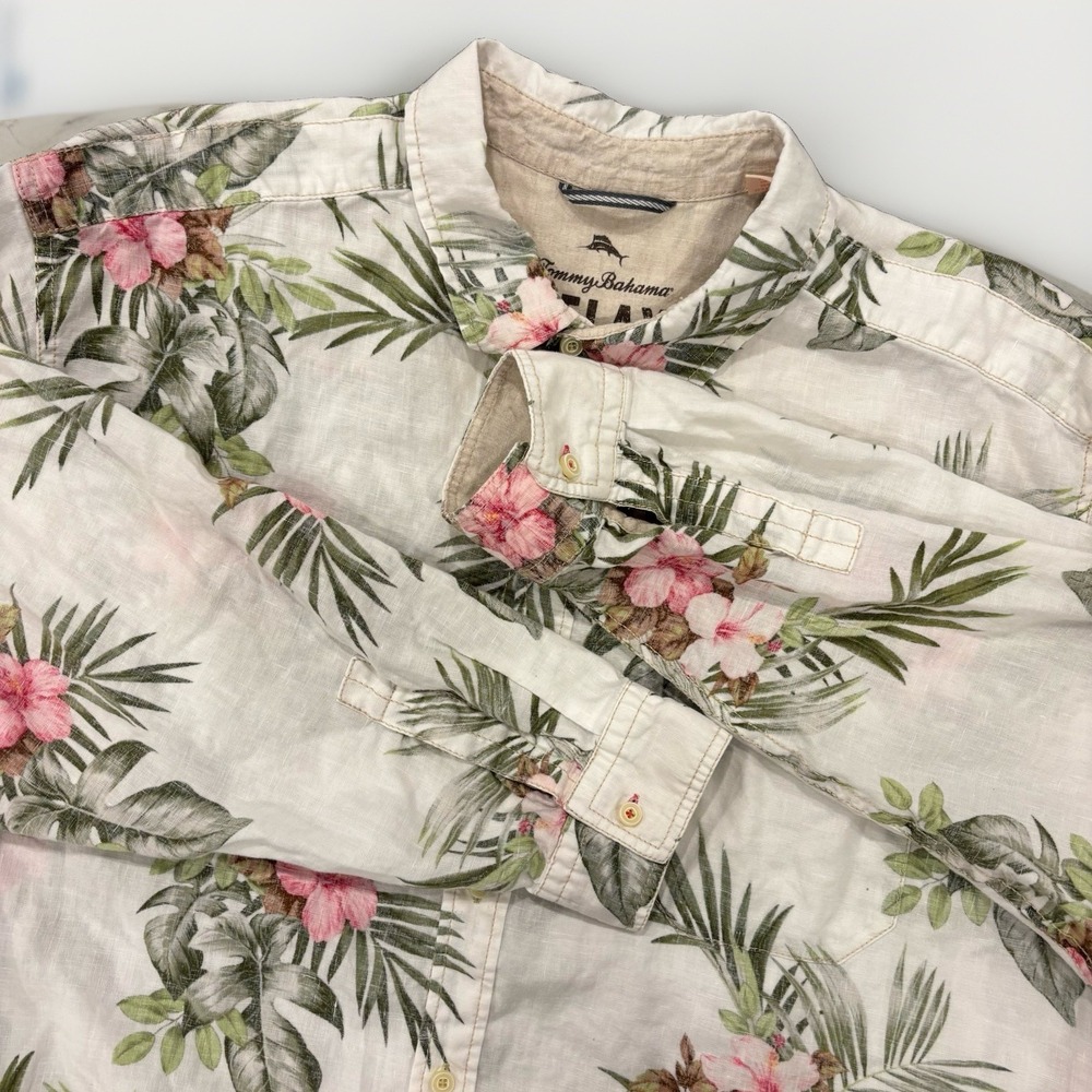 Tommy Bahama Relax Linen Shirt Mens XXL White Floral AOP Long Sleeve Button Up